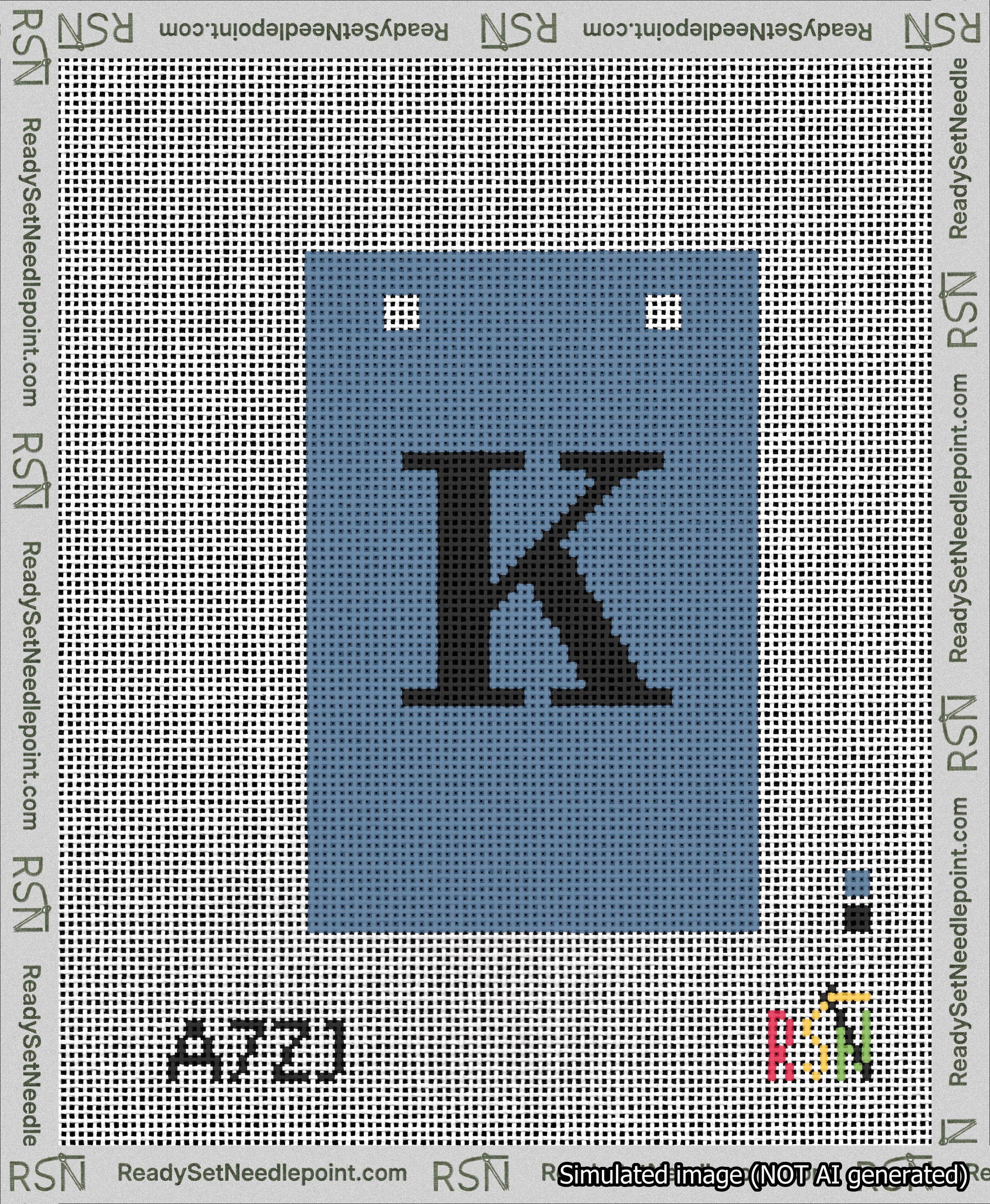 A taped needlepoint canvas with the design: Banner 13 mesh count Squared K Black on Blue.