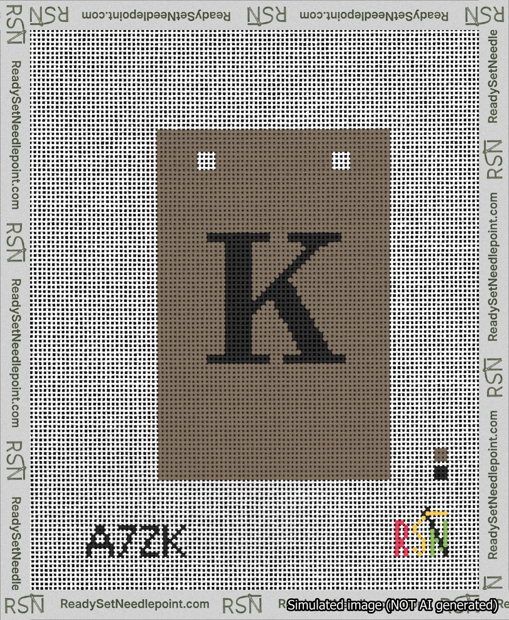 A taped needlepoint canvas with the design: Banner 13 mesh count Squared K Black on Brown.