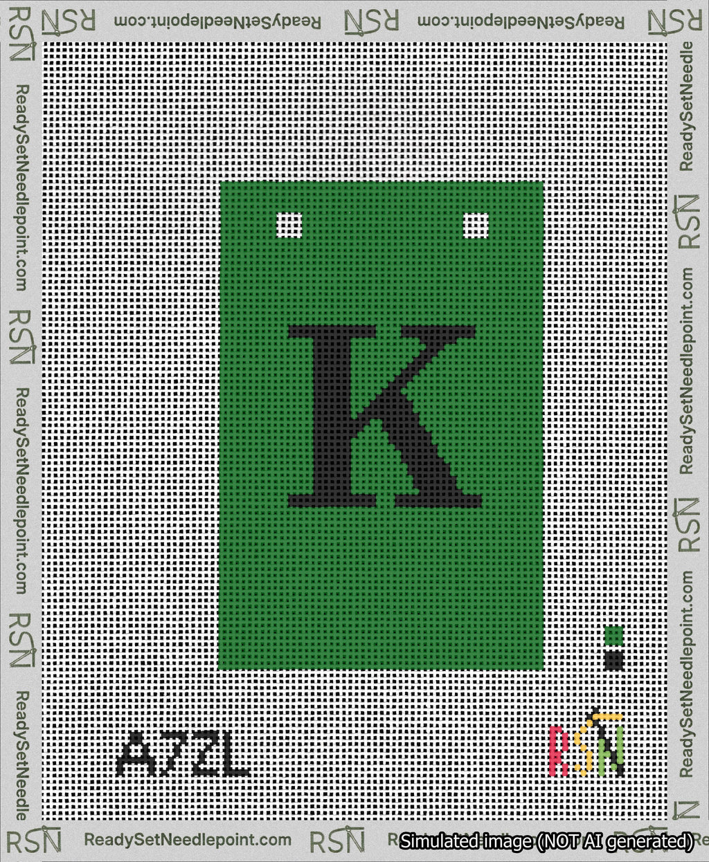 A taped needlepoint canvas with the design: Banner 13 mesh count Squared K Black on Green.
