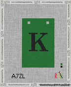 A taped needlepoint canvas with the design: Banner 13 mesh count Squared K Black on Green.