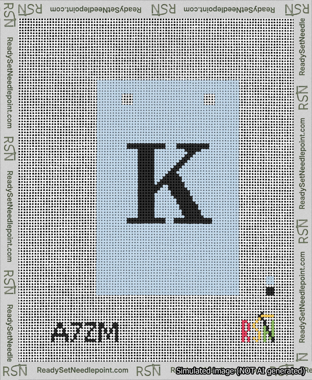 A taped needlepoint canvas with the design: Banner 13 mesh count Squared K Black on Light Blue.