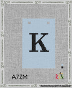 A taped needlepoint canvas with the design: Banner 13 mesh count Squared K Black on Light Blue.