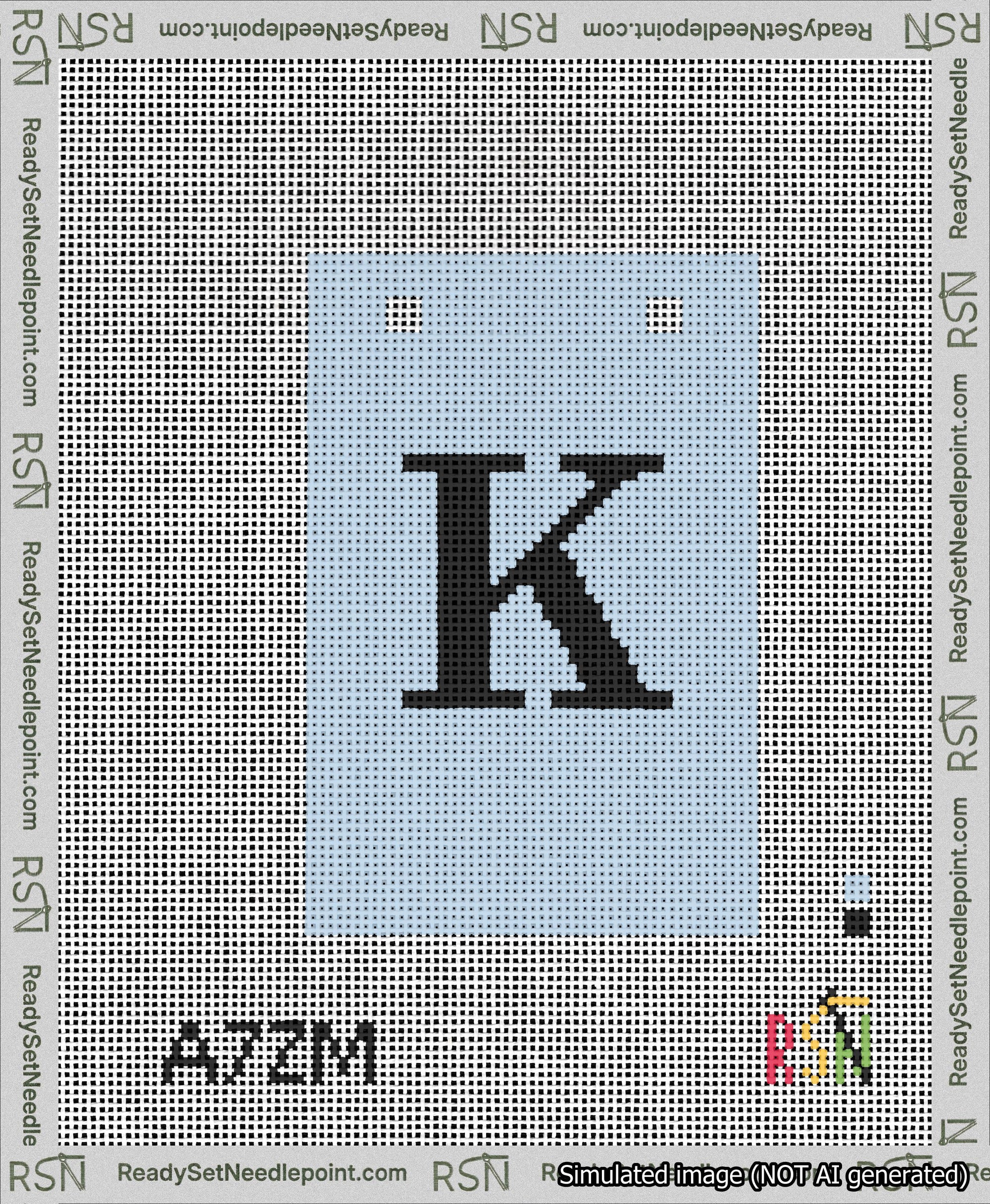 A taped needlepoint canvas with the design: Banner 13 mesh count Squared K Black on Light Blue.