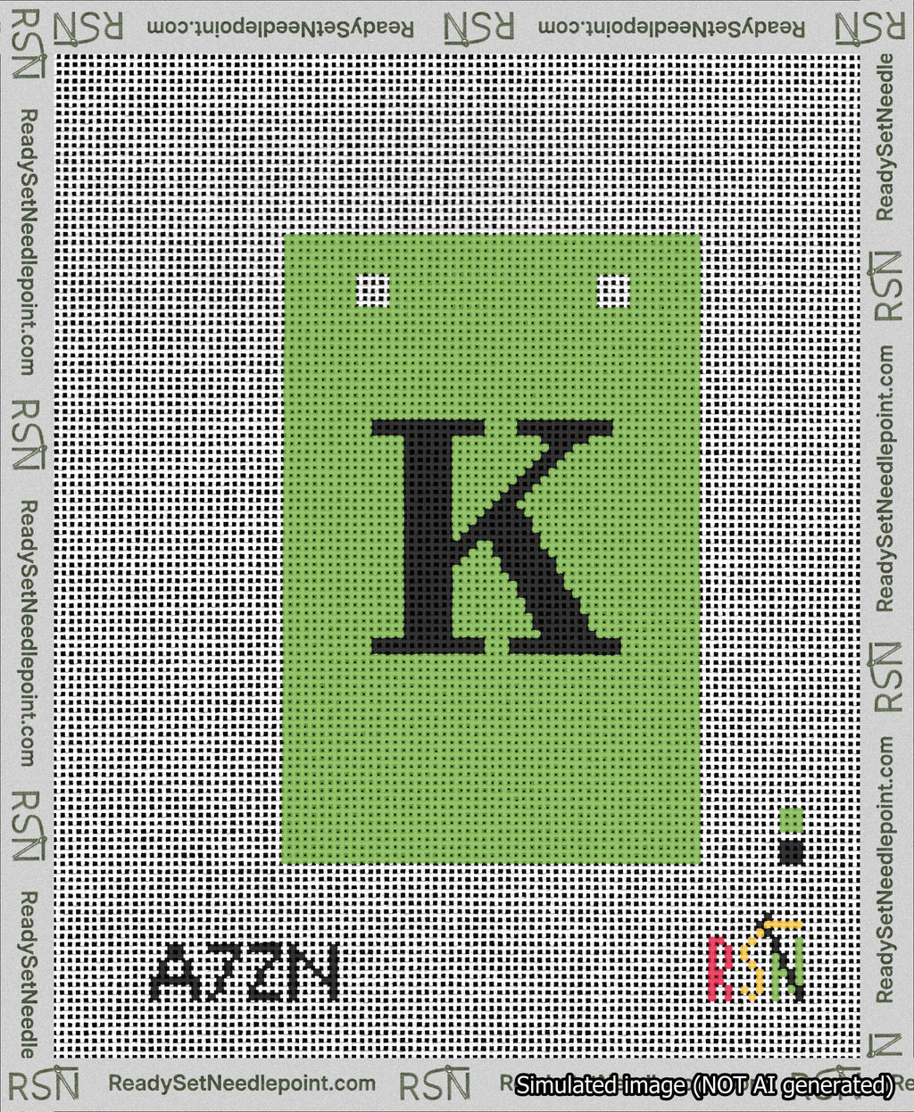 A taped needlepoint canvas with the design: Banner 13 mesh count Squared K Black on Light Green.