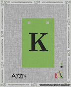 A taped needlepoint canvas with the design: Banner 13 mesh count Squared K Black on Light Green.