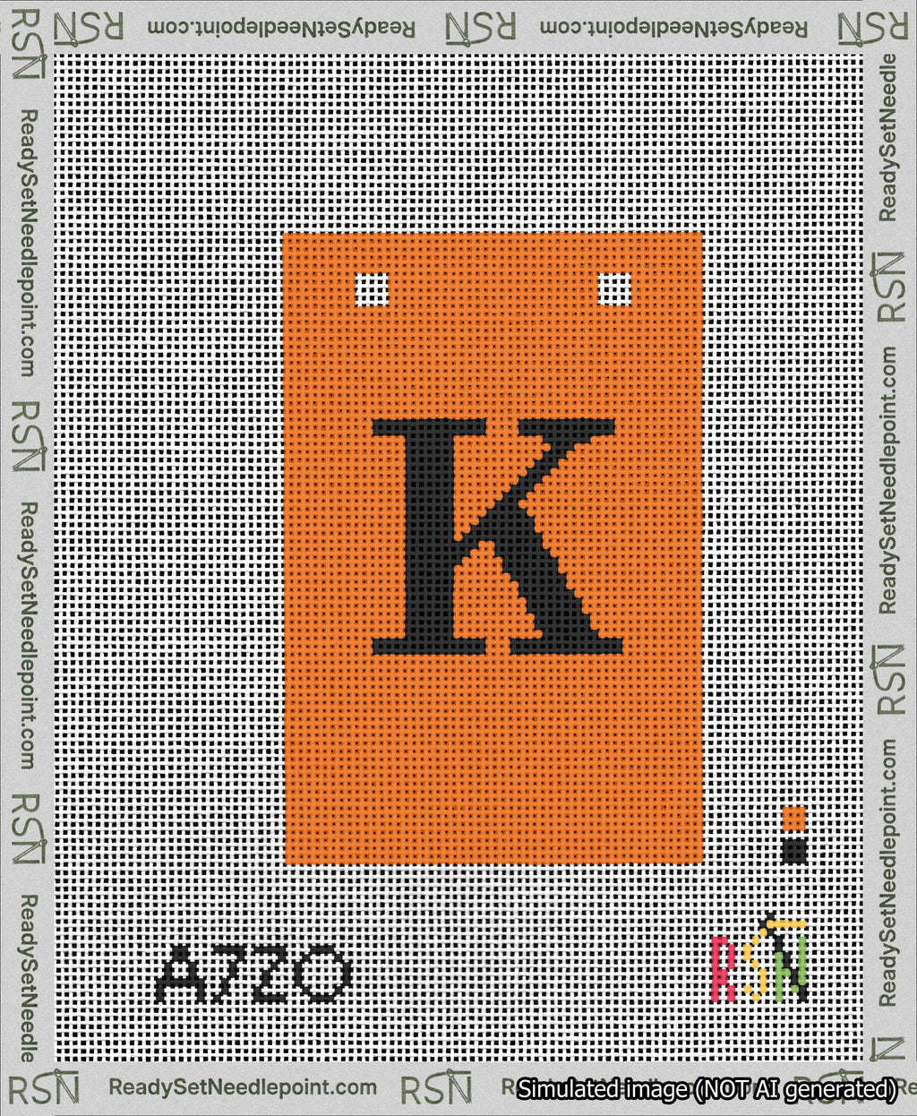 A taped needlepoint canvas with the design: Banner 13 mesh count Squared K Black on Orange.