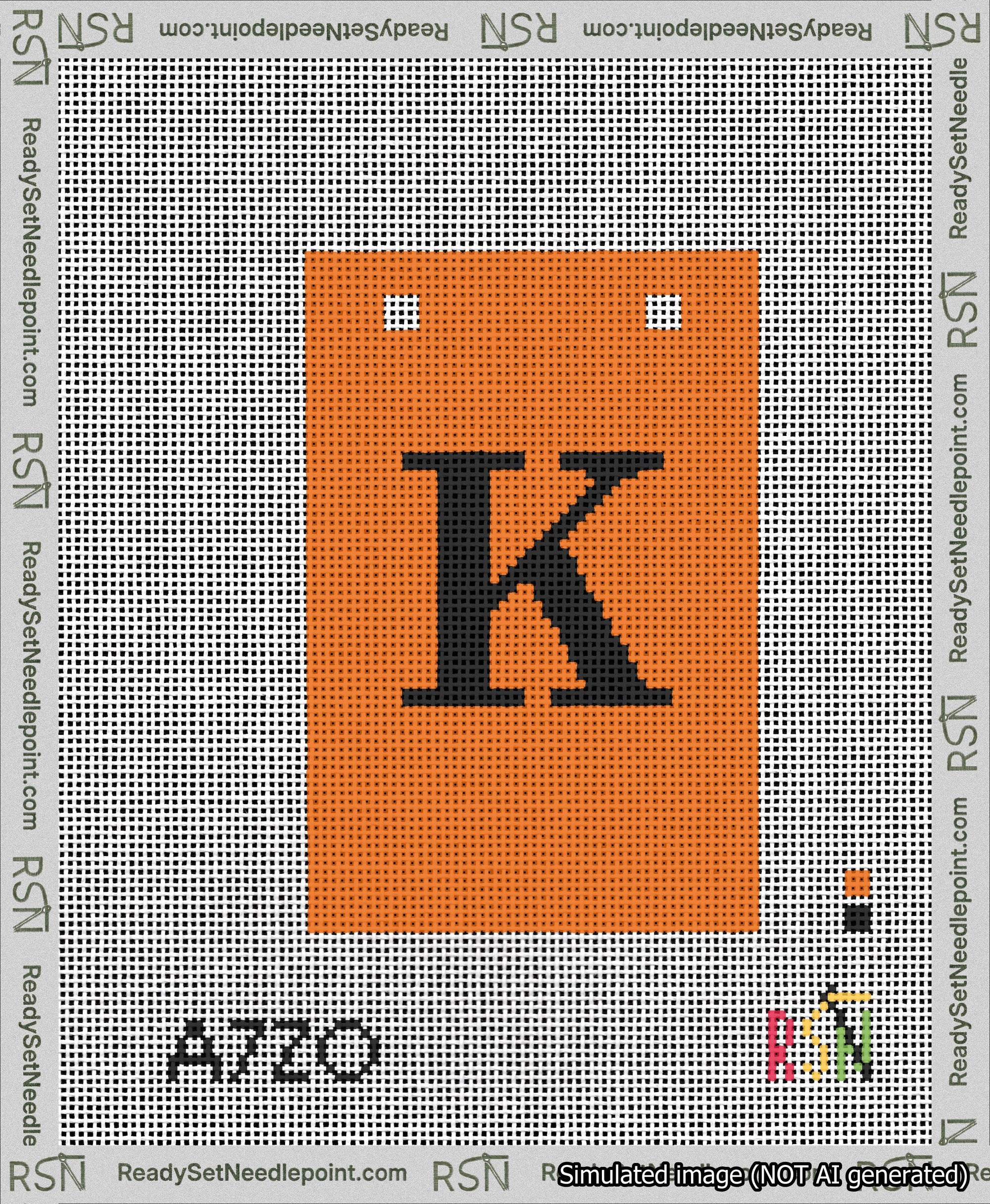 A taped needlepoint canvas with the design: Banner 13 mesh count Squared K Black on Orange.