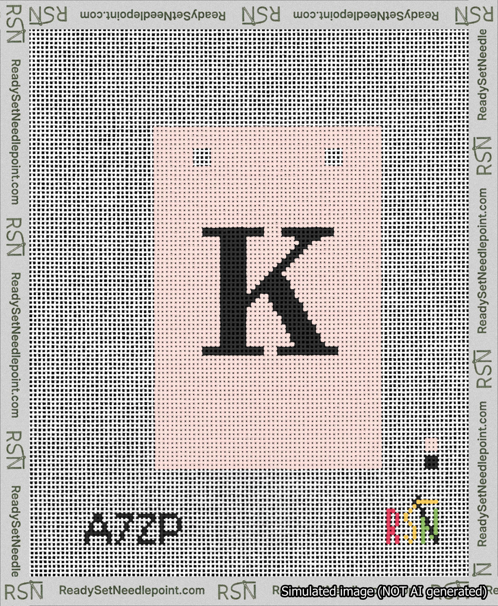 A taped needlepoint canvas with the design: Banner 13 mesh count Squared K Black on Pink.