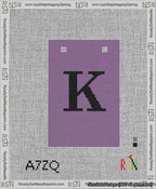 A taped needlepoint canvas with the design: Banner 13 mesh count Squared K Black on Purple.