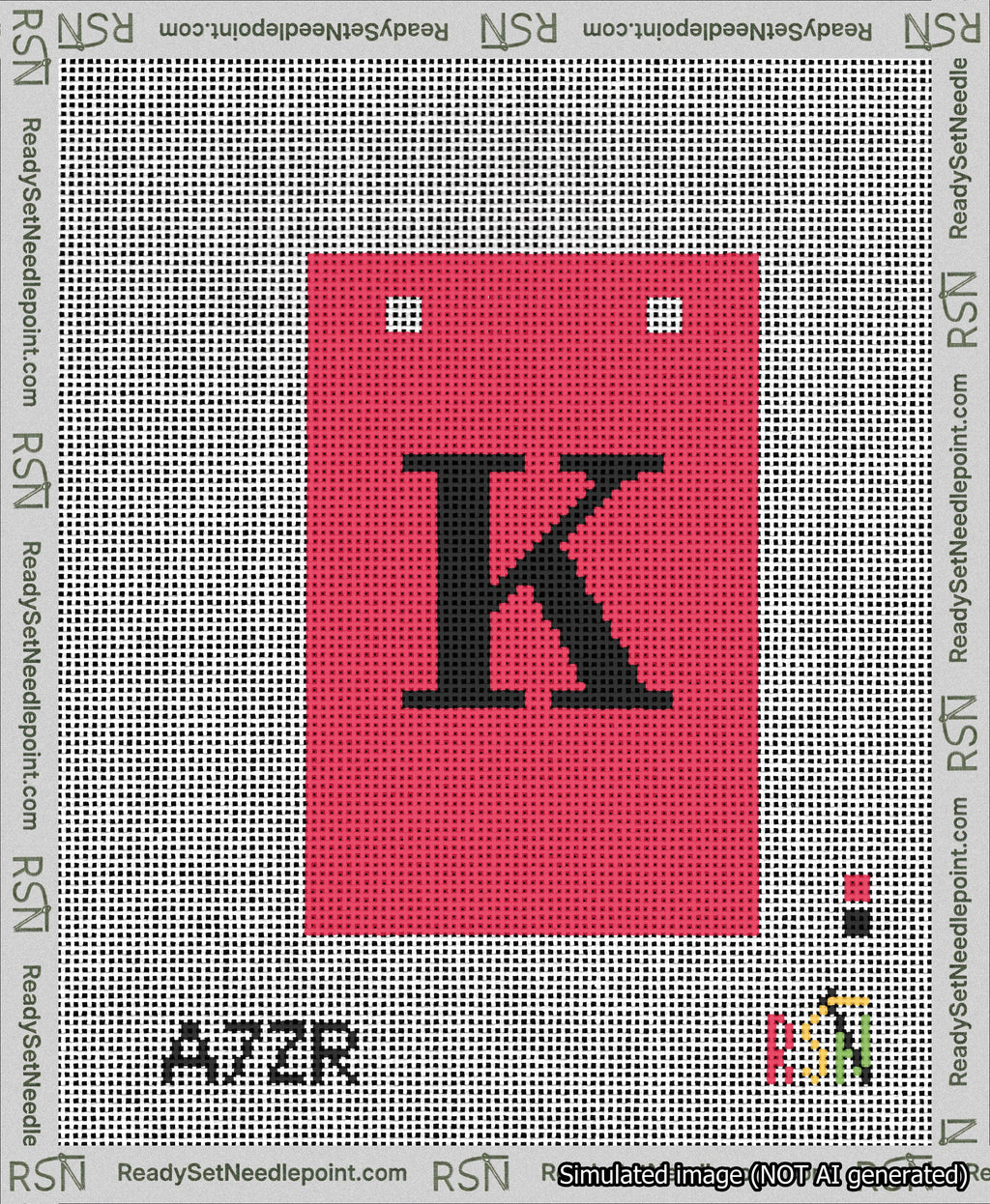 A taped needlepoint canvas with the design: Banner 13 mesh count Squared K Black on Red.
