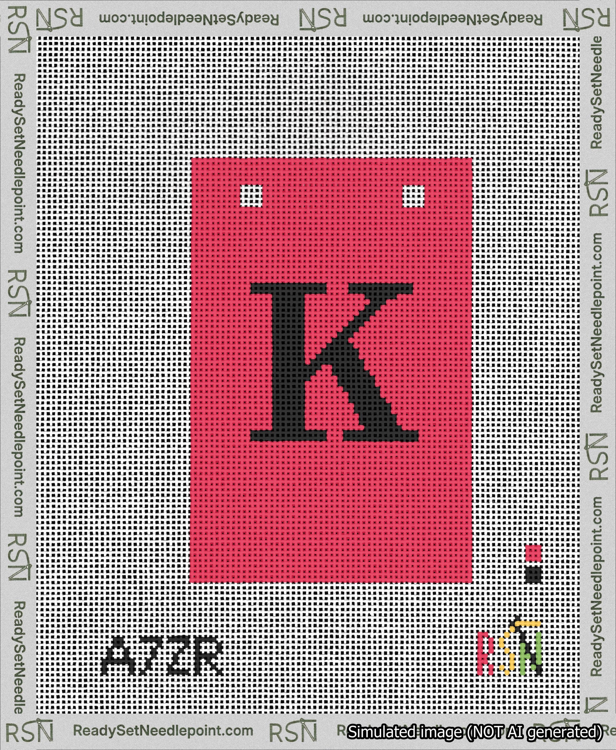 A taped needlepoint canvas with the design: Banner 13 mesh count Squared K Black on Red.