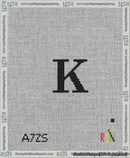 A taped needlepoint canvas with the design: Banner 13 mesh count Squared K Black on White.