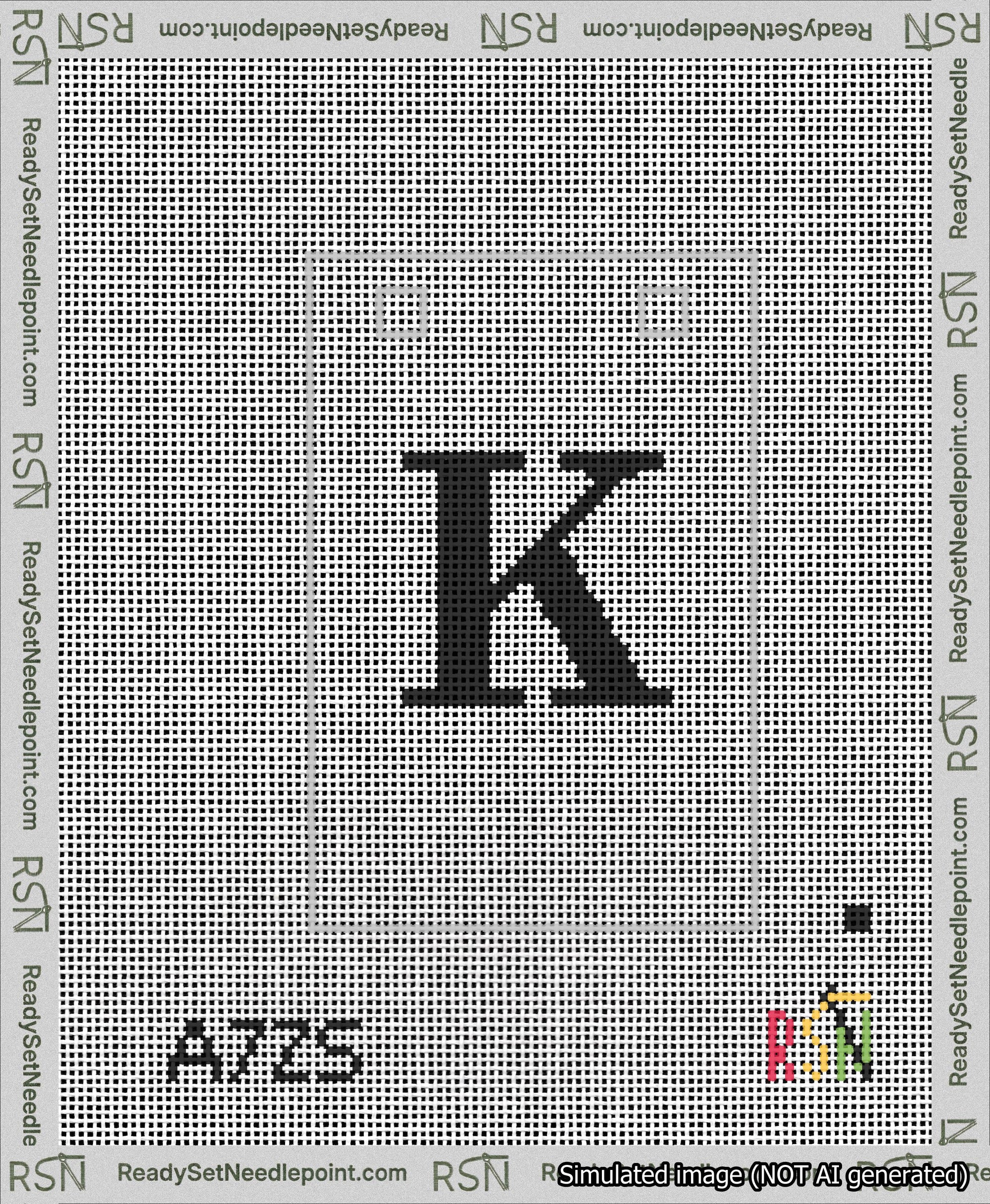 A taped needlepoint canvas with the design: Banner 13 mesh count Squared K Black on White.