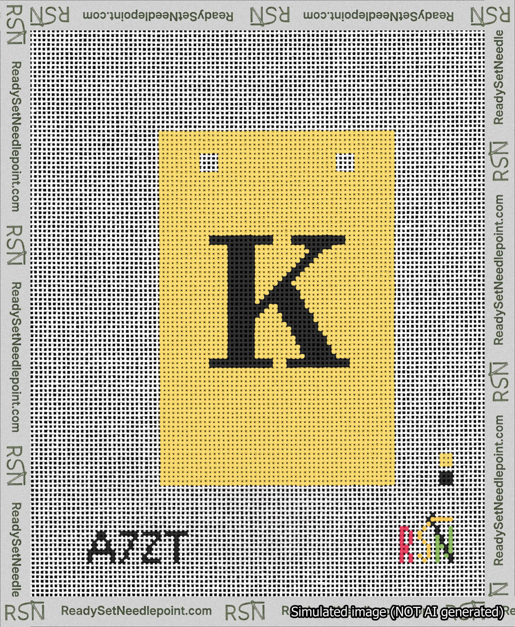 A taped needlepoint canvas with the design: Banner 13 mesh count Squared K Black on Yellow.