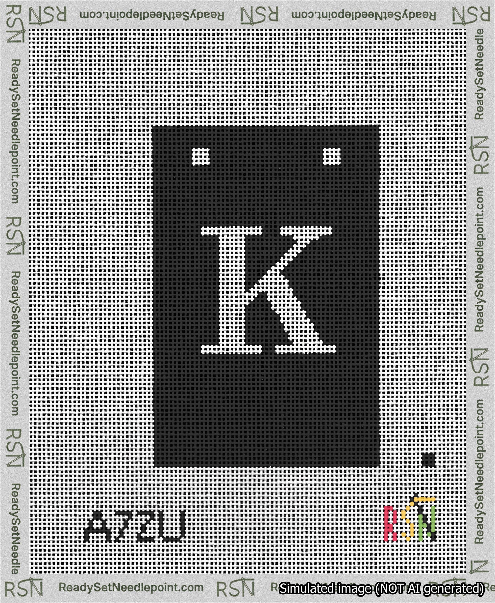A taped needlepoint canvas with the design: Banner 13 mesh count Squared K White on Black.