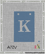 A taped needlepoint canvas with the design: Banner 13 mesh count Squared K White on Blue.