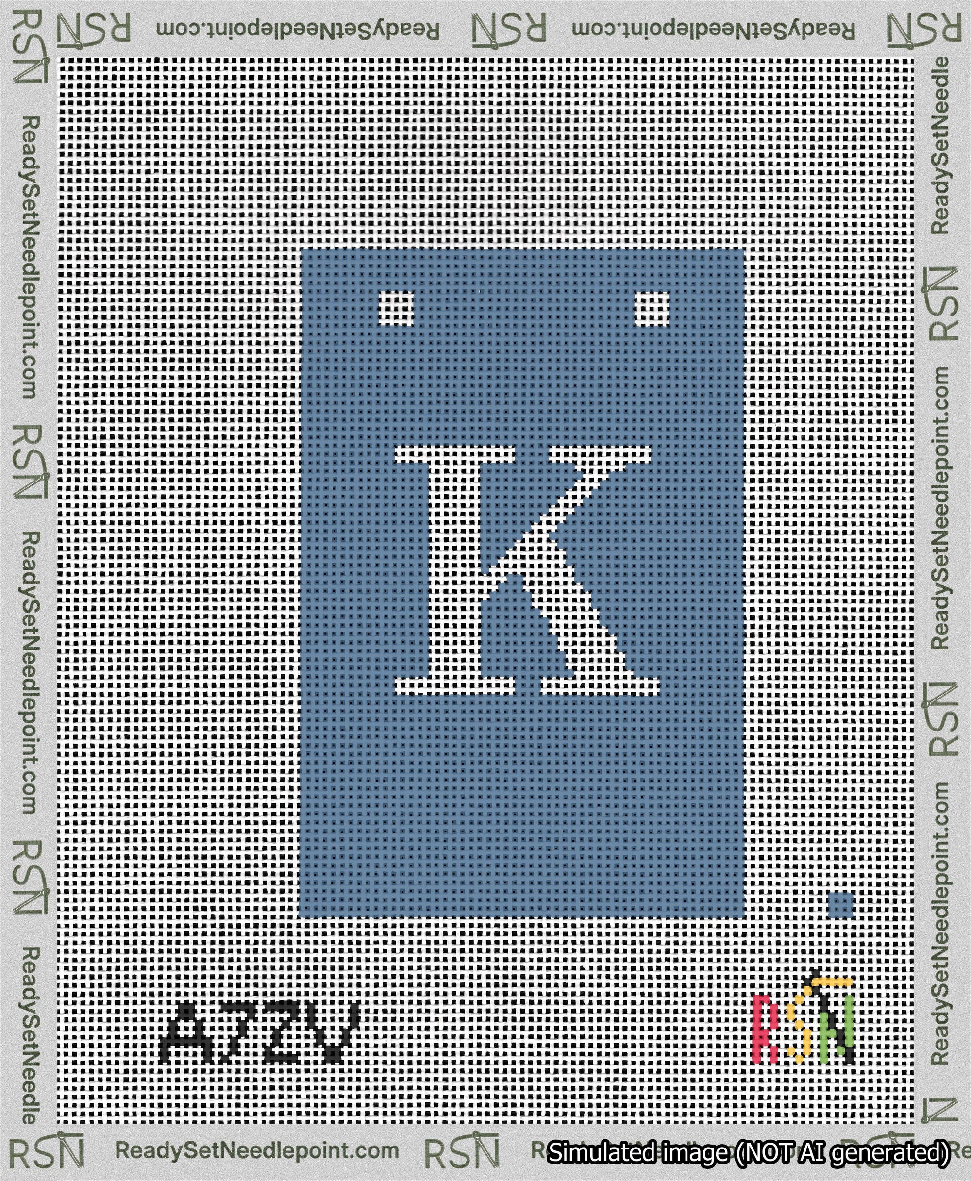 A taped needlepoint canvas with the design: Banner 13 mesh count Squared K White on Blue.