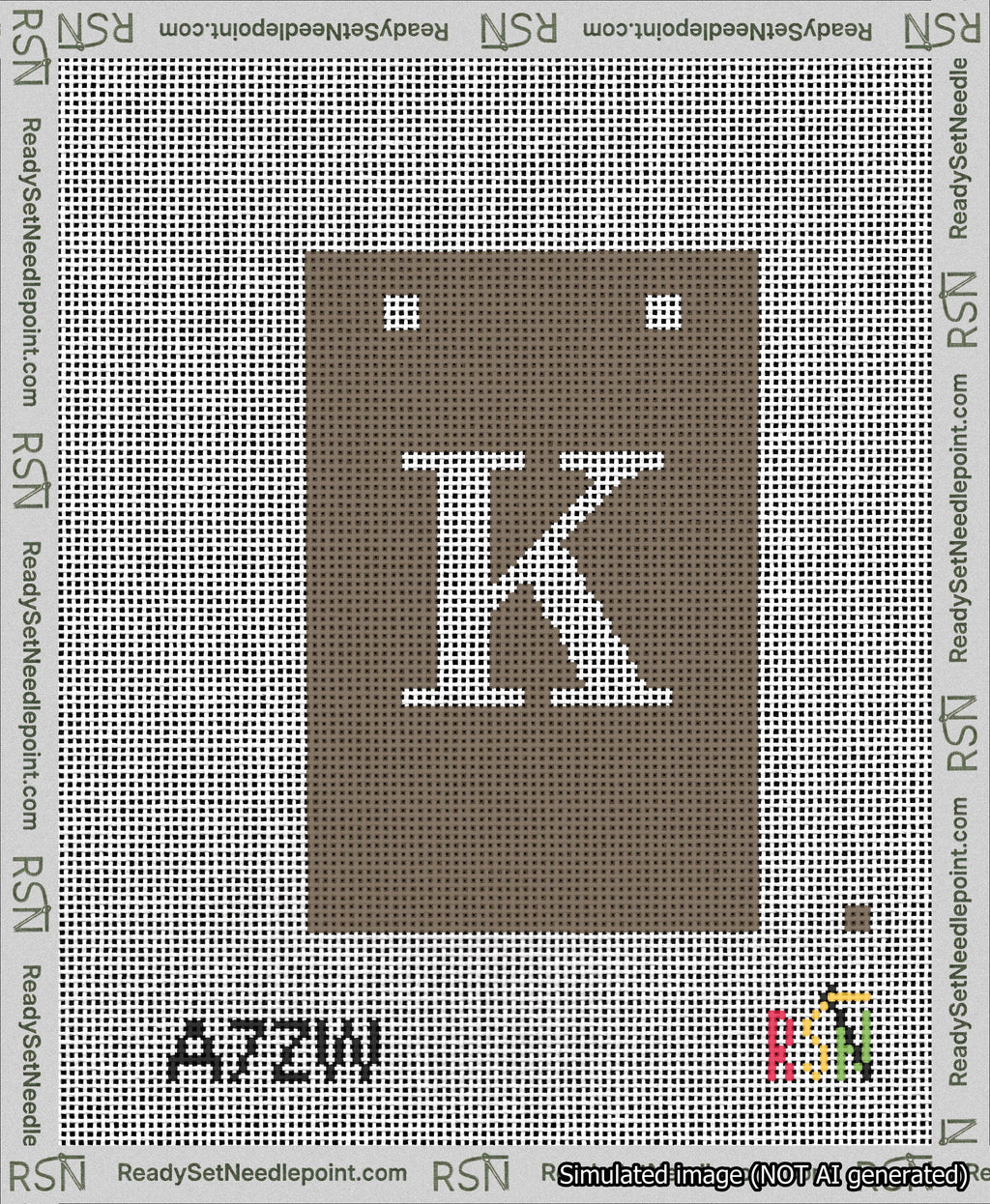 A taped needlepoint canvas with the design: Banner 13 mesh count Squared K White on Brown.