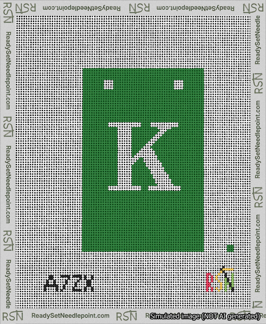 A taped needlepoint canvas with the design: Banner 13 mesh count Squared K White on Green.