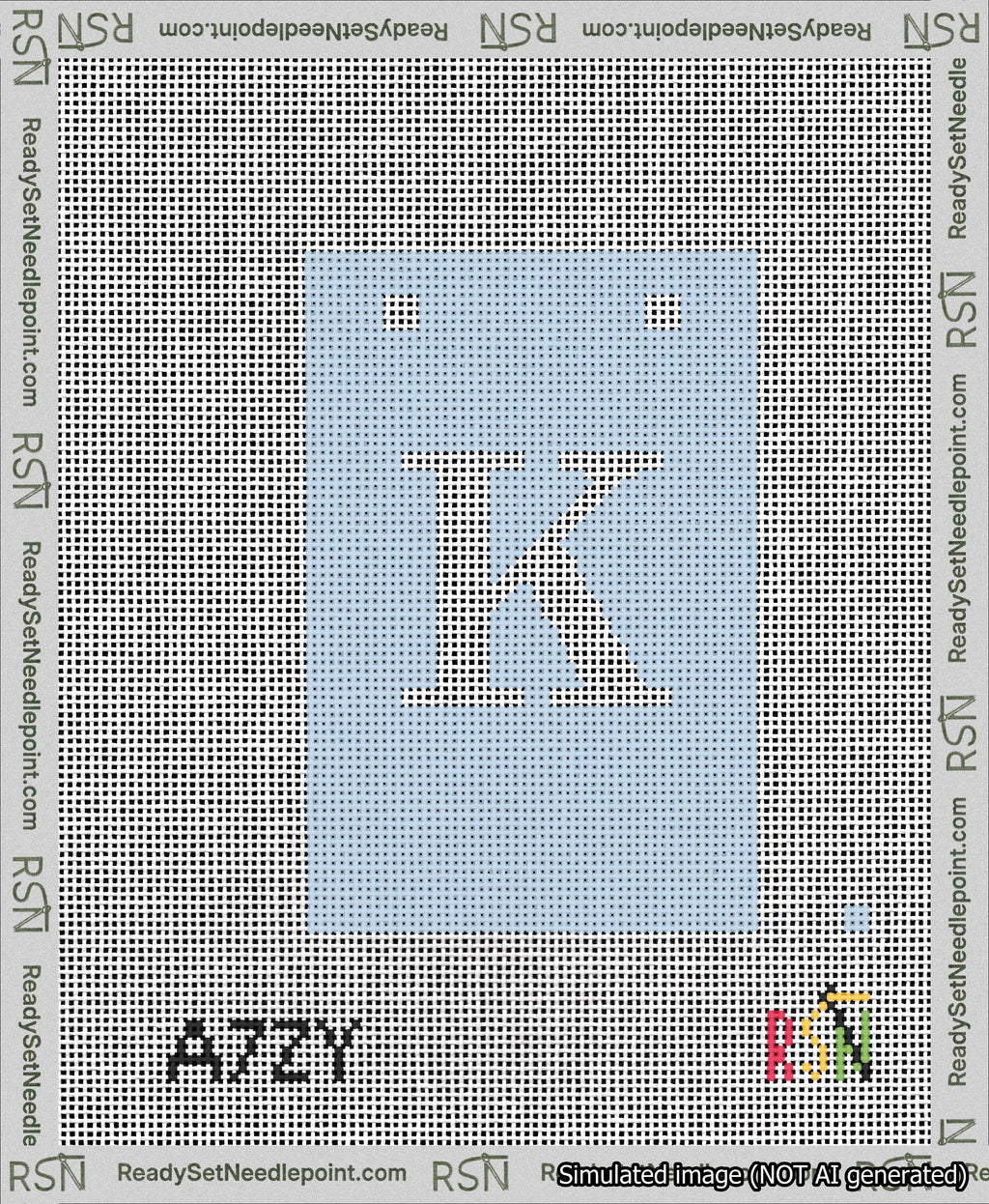 A taped needlepoint canvas with the design: Banner 13 mesh count Squared K White on Light Blue.