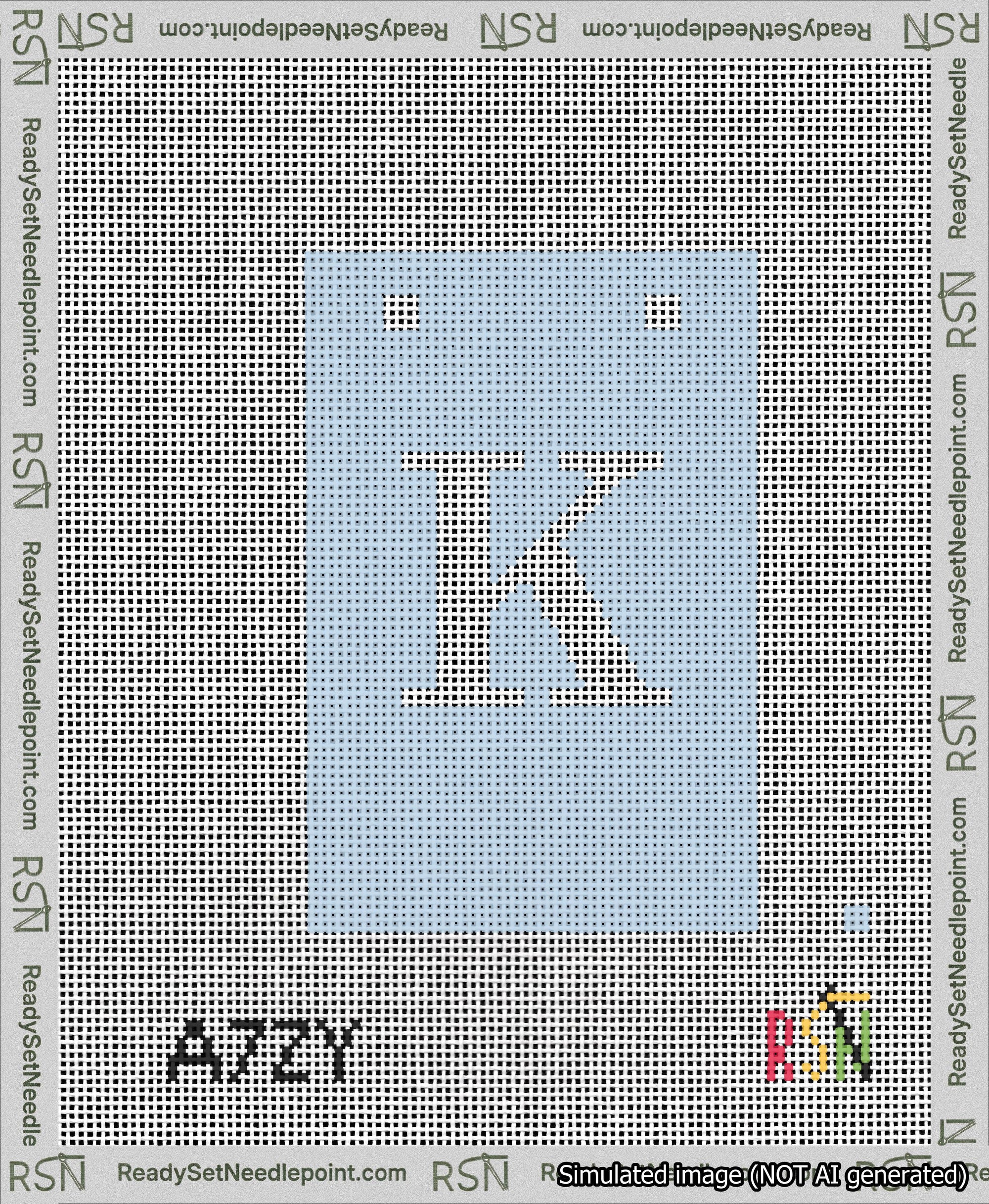 A taped needlepoint canvas with the design: Banner 13 mesh count Squared K White on Light Blue.
