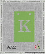 A taped needlepoint canvas with the design: Banner 13 mesh count Squared K White on Light Green.