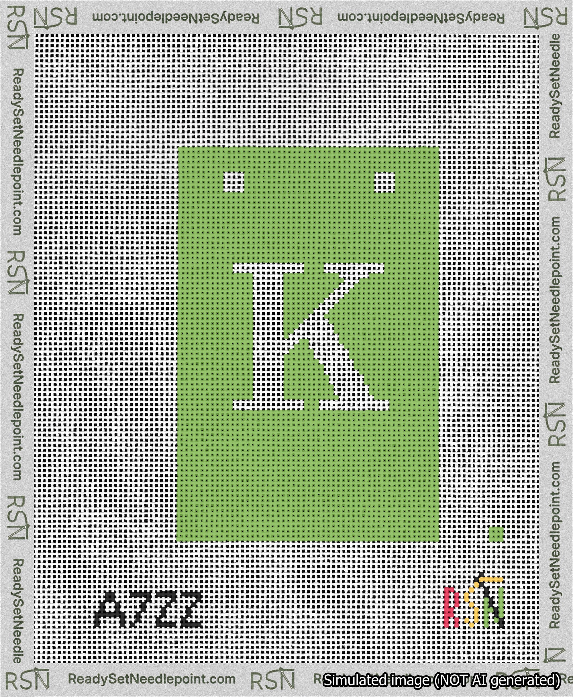 A taped needlepoint canvas with the design: Banner 13 mesh count Squared K White on Light Green.