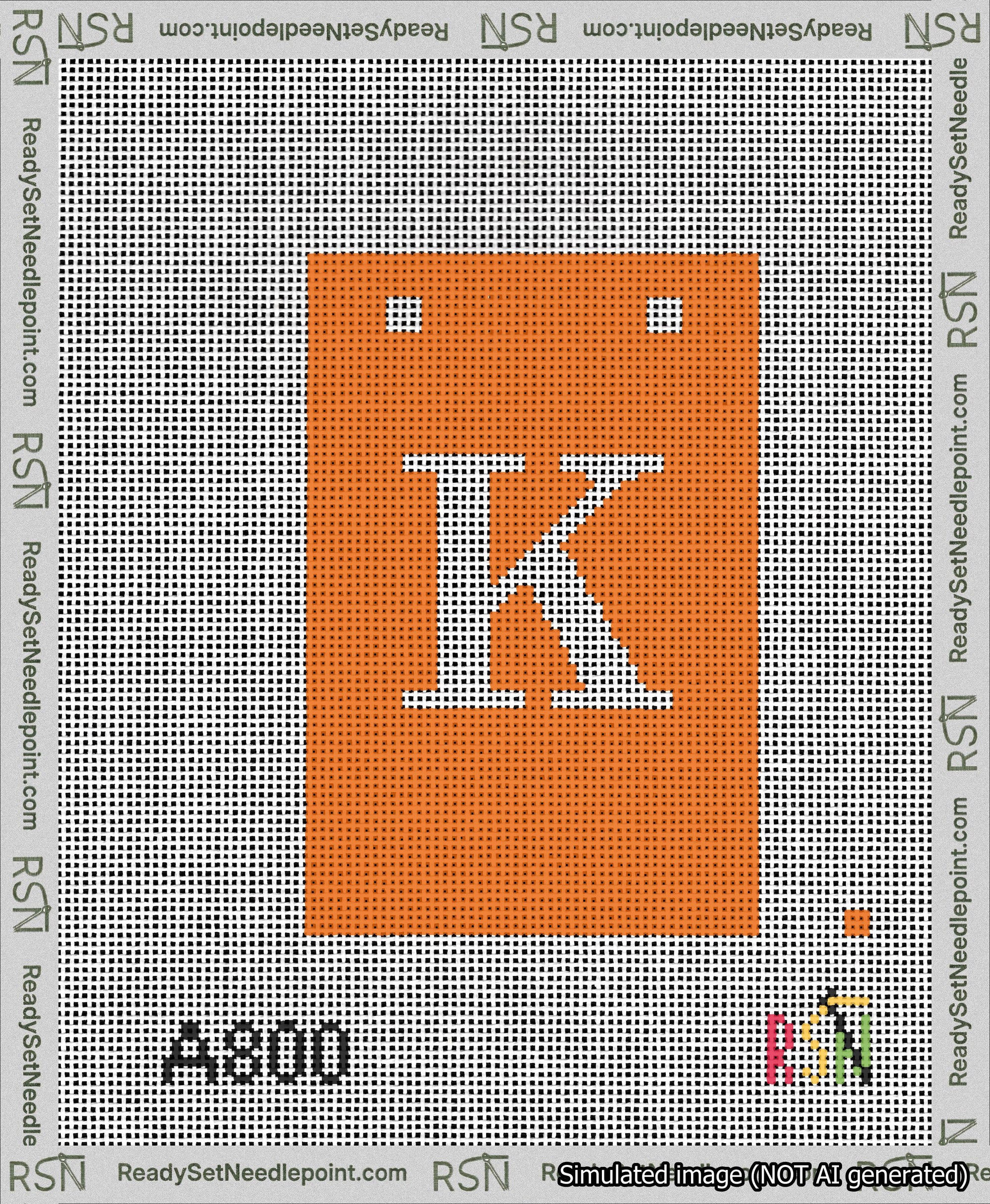 A taped needlepoint canvas with the design: Banner 13 mesh count Squared K White on Orange.