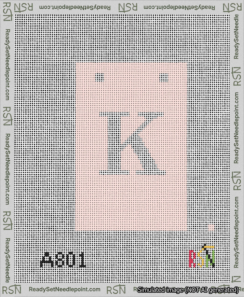 A taped needlepoint canvas with the design: Banner 13 mesh count Squared K White on Pink.