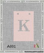 A taped needlepoint canvas with the design: Banner 13 mesh count Squared K White on Pink.