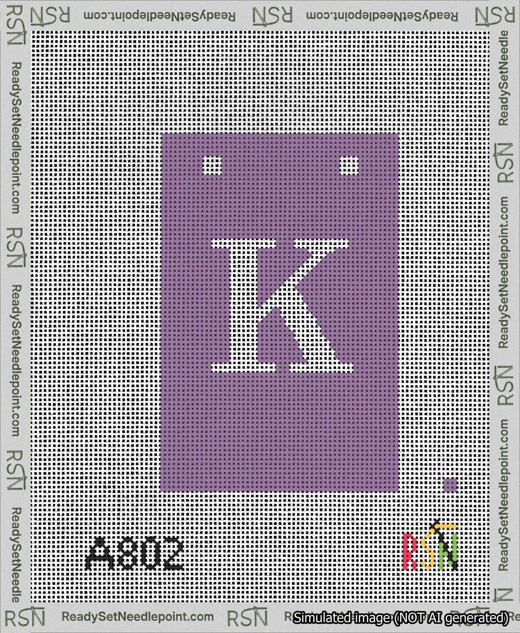 A taped needlepoint canvas with the design: Banner 13 mesh count Squared K White on Purple.