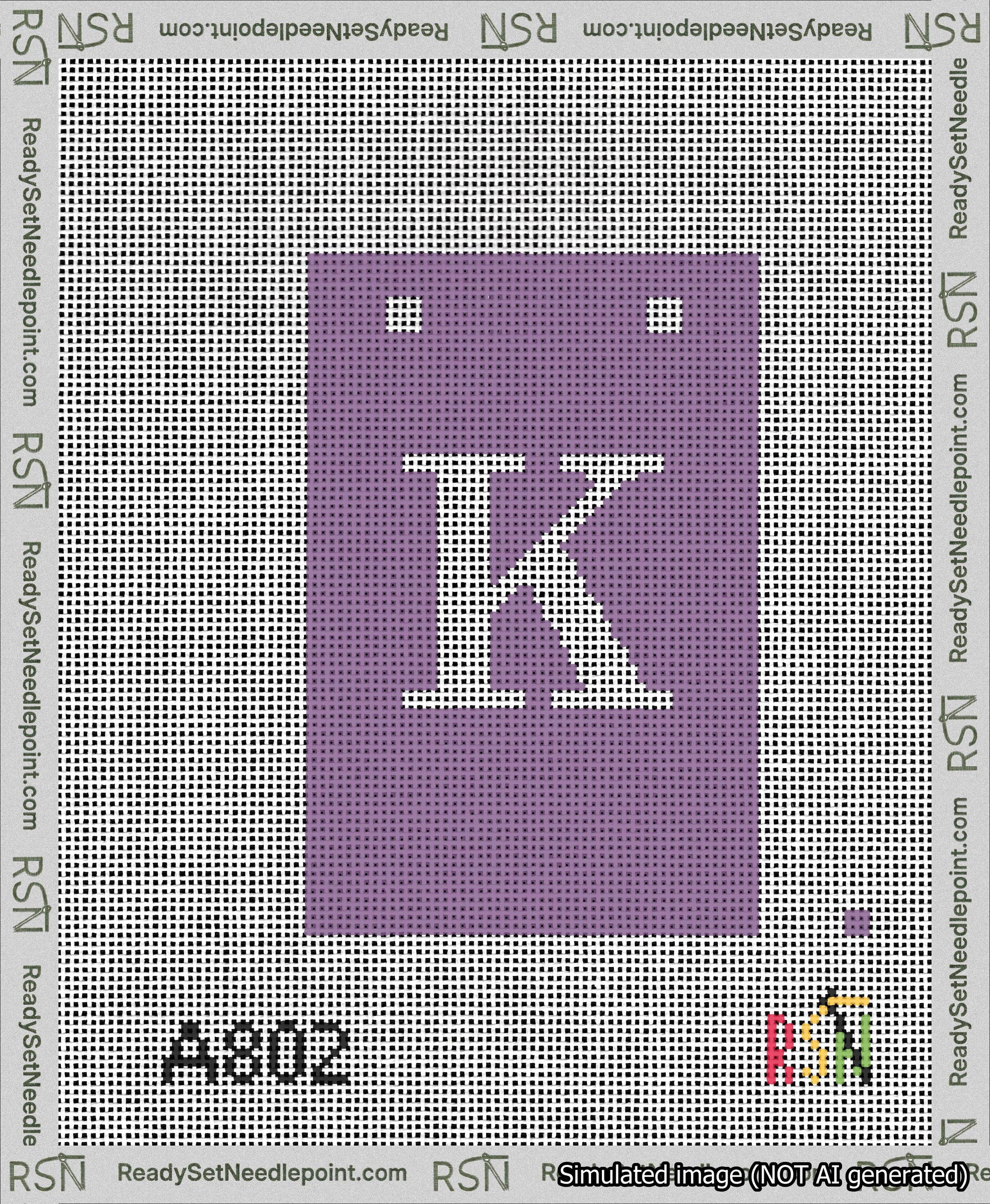 A taped needlepoint canvas with the design: Banner 13 mesh count Squared K White on Purple.