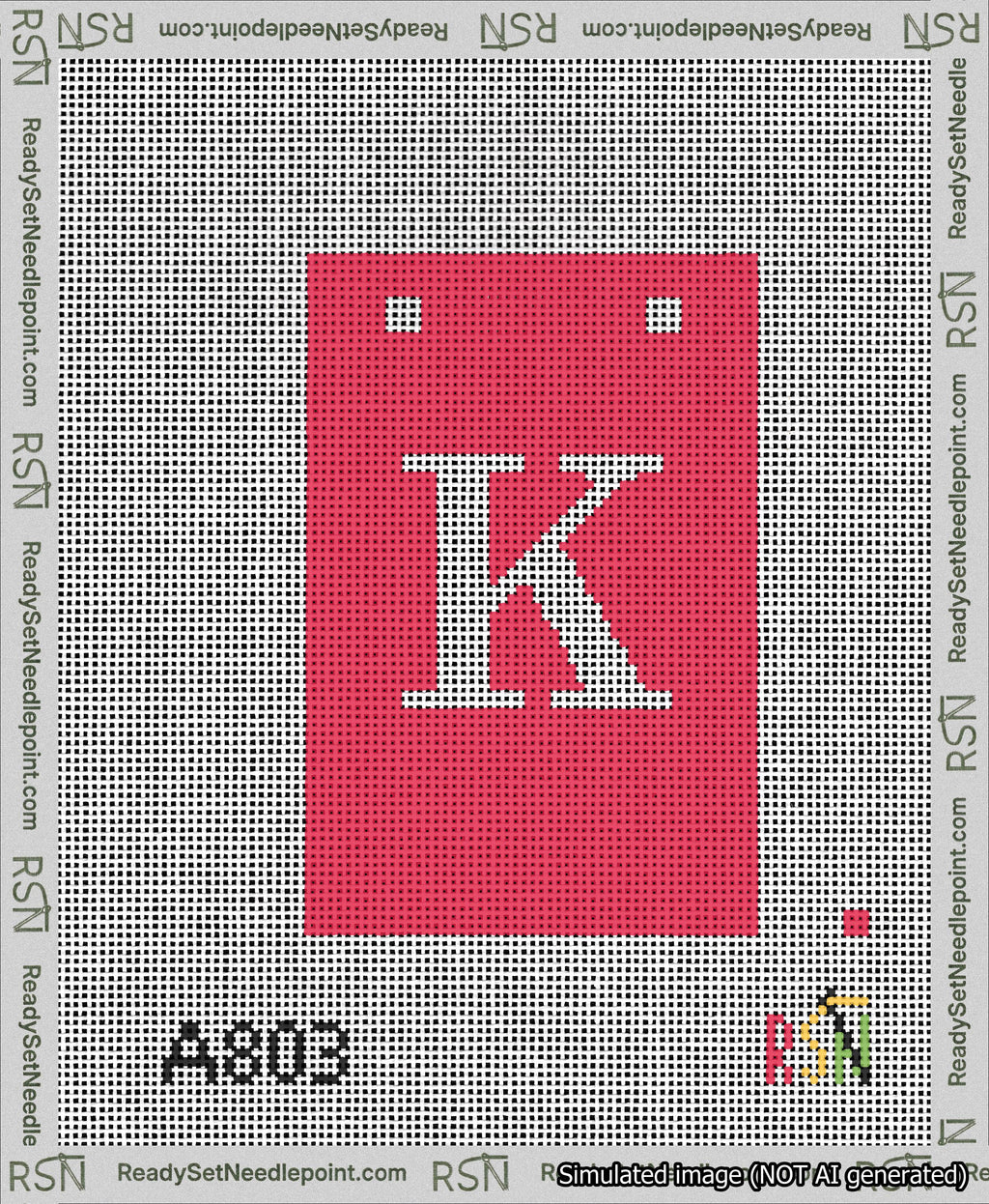 A taped needlepoint canvas with the design: Banner 13 mesh count Squared K White on Red.