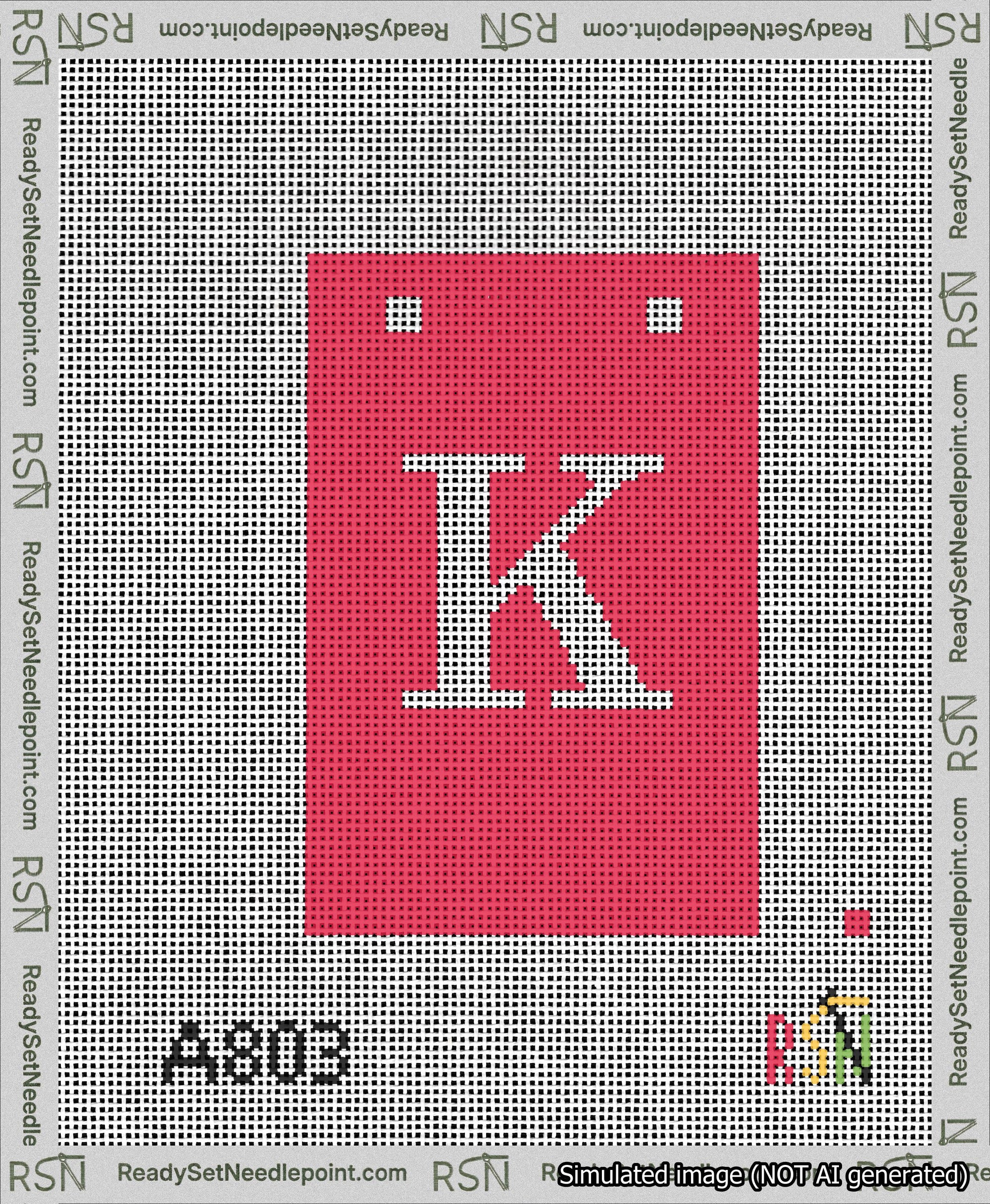 A taped needlepoint canvas with the design: Banner 13 mesh count Squared K White on Red.