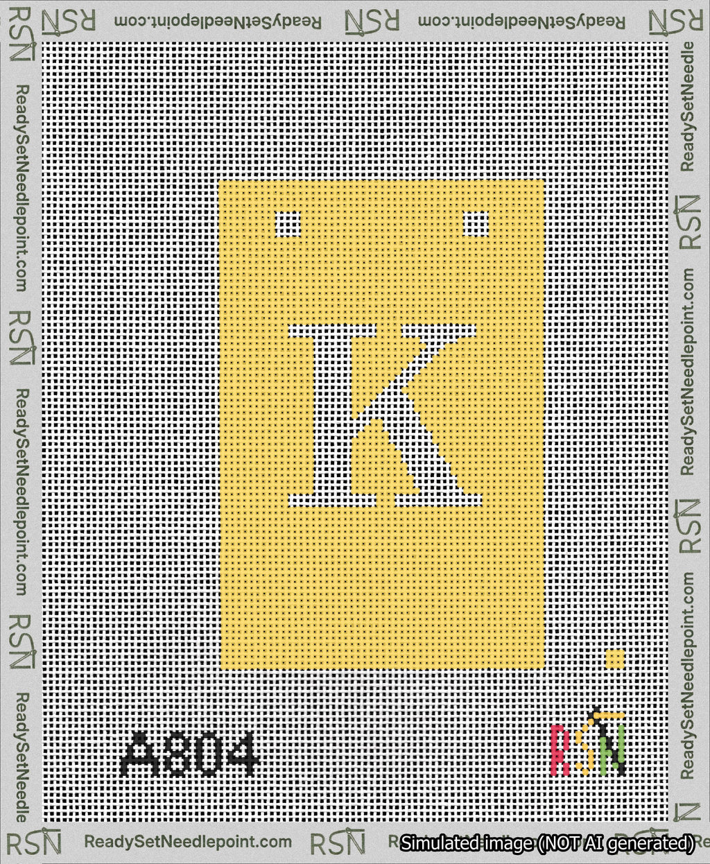 A taped needlepoint canvas with the design: Banner 13 mesh count Squared K White on Yellow.