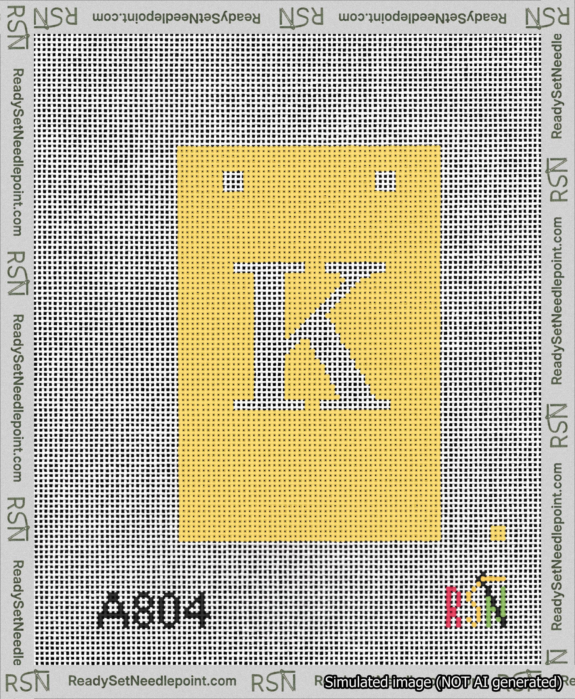 A taped needlepoint canvas with the design: Banner 13 mesh count Squared K White on Yellow.
