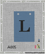 A taped needlepoint canvas with the design: Banner 13 mesh count Squared L Black on Blue.