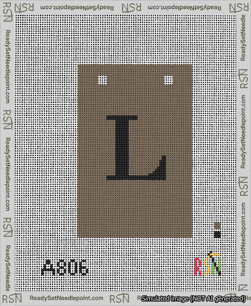 A taped needlepoint canvas with the design: Banner 13 mesh count Squared L Black on Brown.