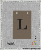 A taped needlepoint canvas with the design: Banner 13 mesh count Squared L Black on Brown.