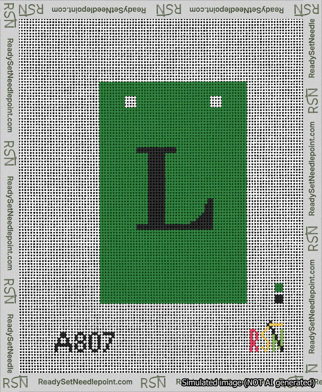 A taped needlepoint canvas with the design: Banner 13 mesh count Squared L Black on Green.