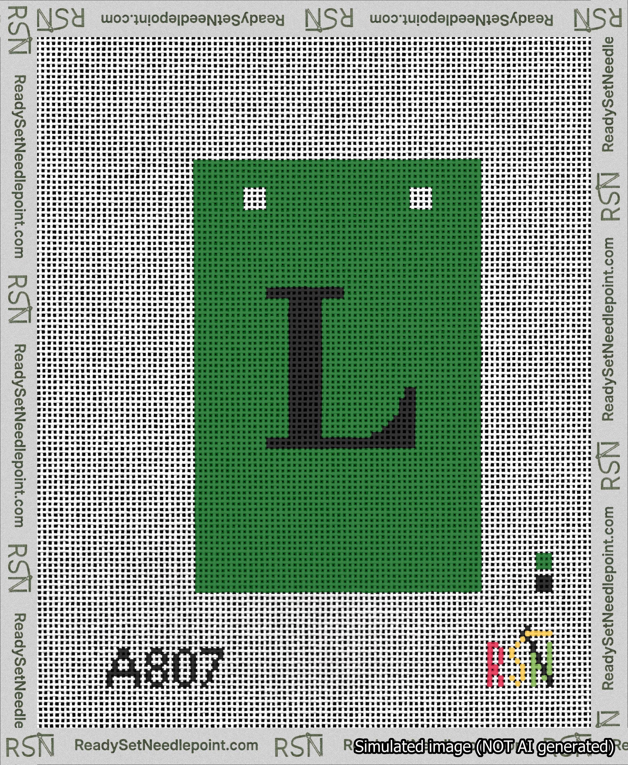 A taped needlepoint canvas with the design: Banner 13 mesh count Squared L Black on Green.