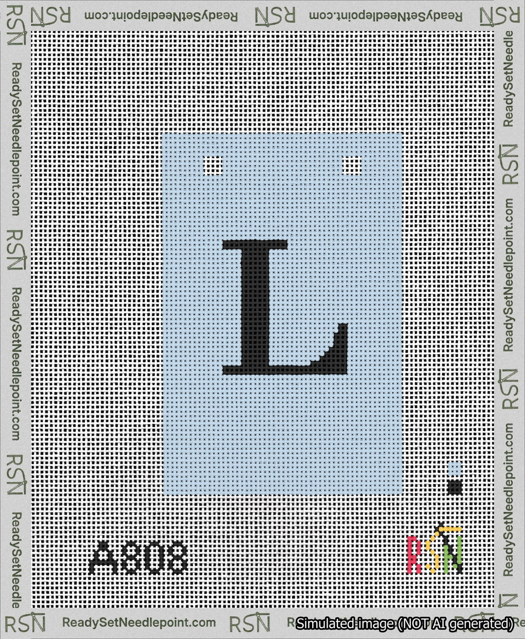 A taped needlepoint canvas with the design: Banner 13 mesh count Squared L Black on Light Blue.