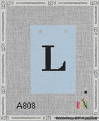 A taped needlepoint canvas with the design: Banner 13 mesh count Squared L Black on Light Blue.