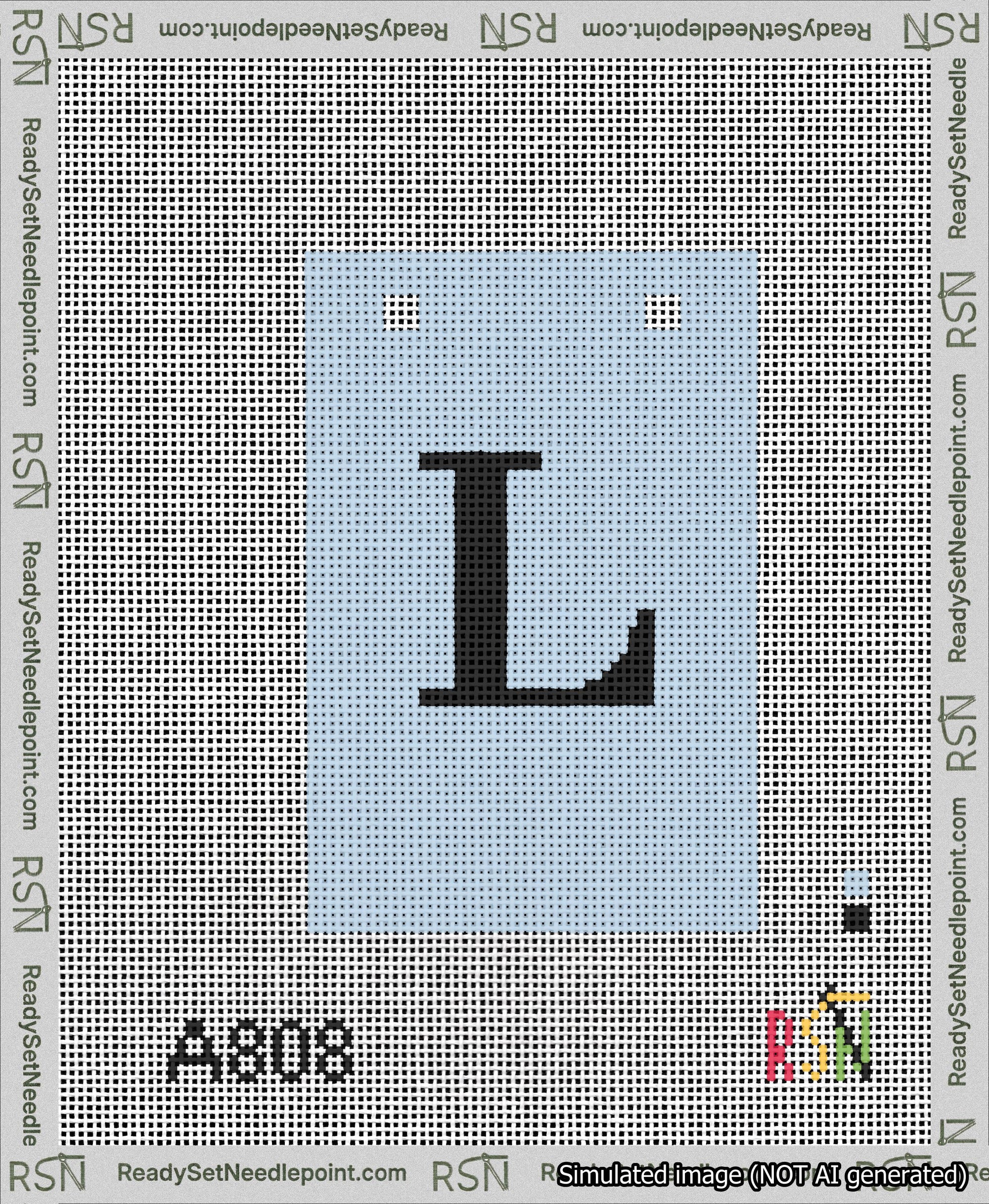 A taped needlepoint canvas with the design: Banner 13 mesh count Squared L Black on Light Blue.