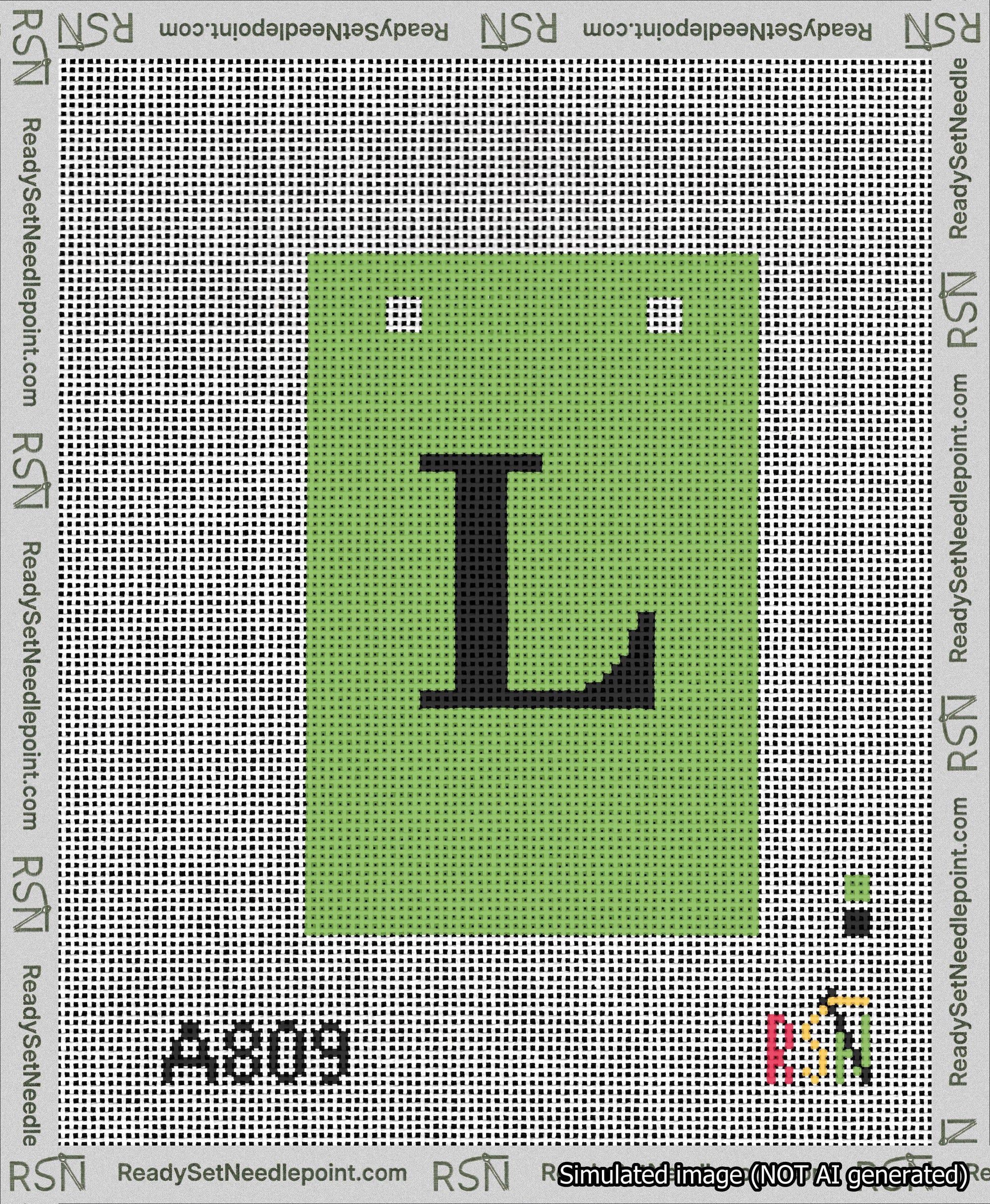 A taped needlepoint canvas with the design: Banner 13 mesh count Squared L Black on Light Green.