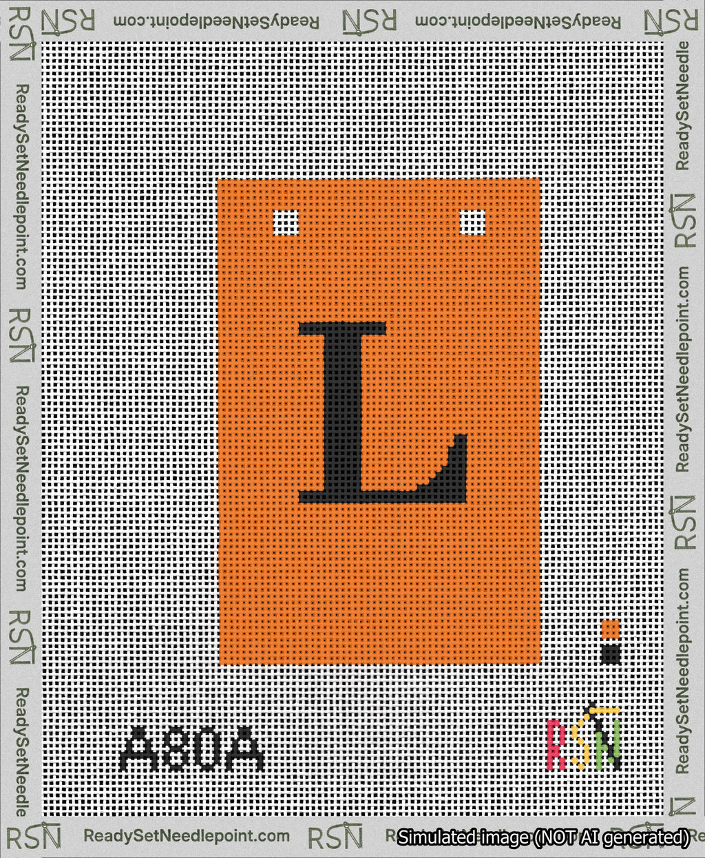 A taped needlepoint canvas with the design: Banner 13 mesh count Squared L Black on Orange.