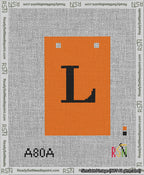 A taped needlepoint canvas with the design: Banner 13 mesh count Squared L Black on Orange.