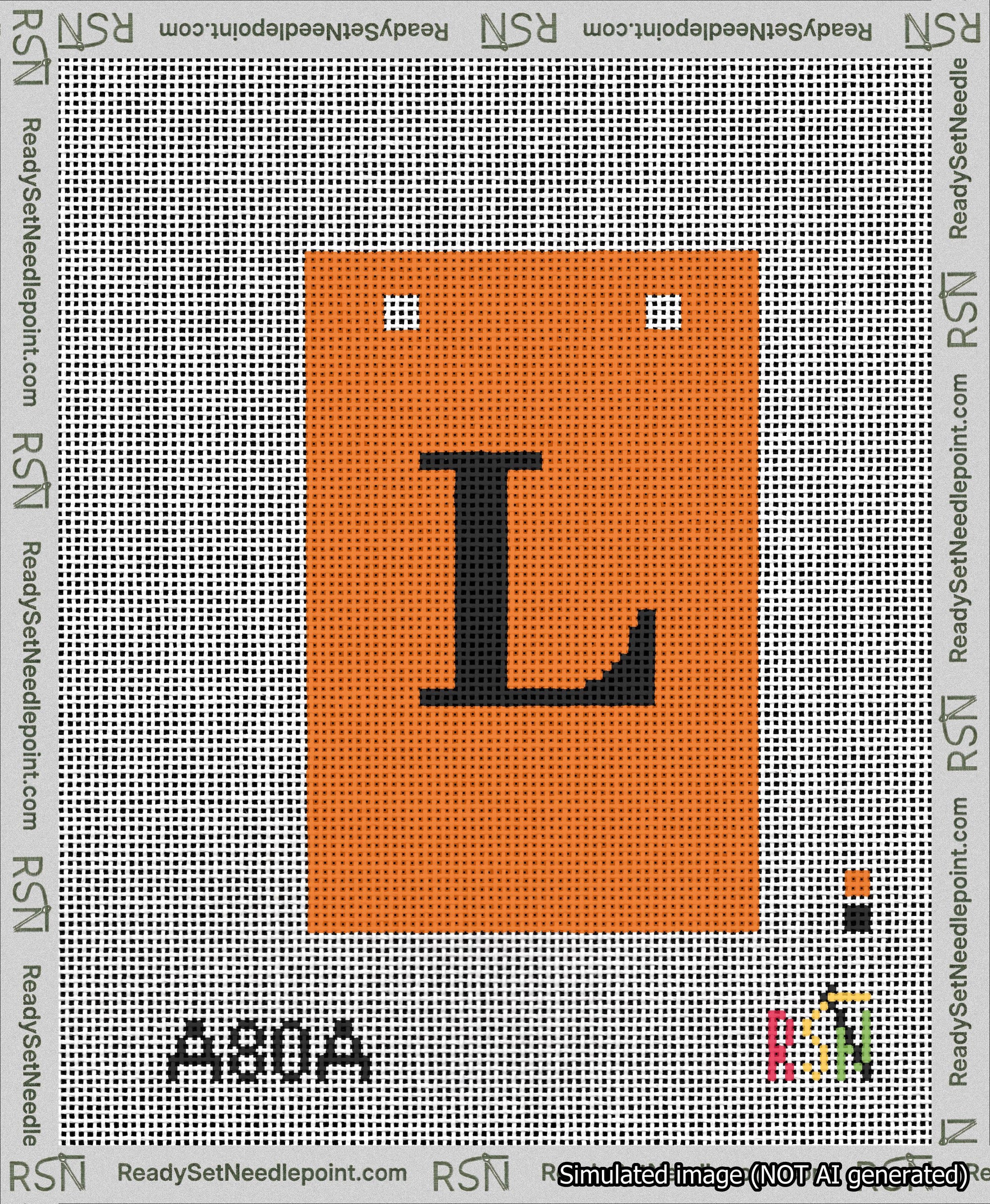 A taped needlepoint canvas with the design: Banner 13 mesh count Squared L Black on Orange.