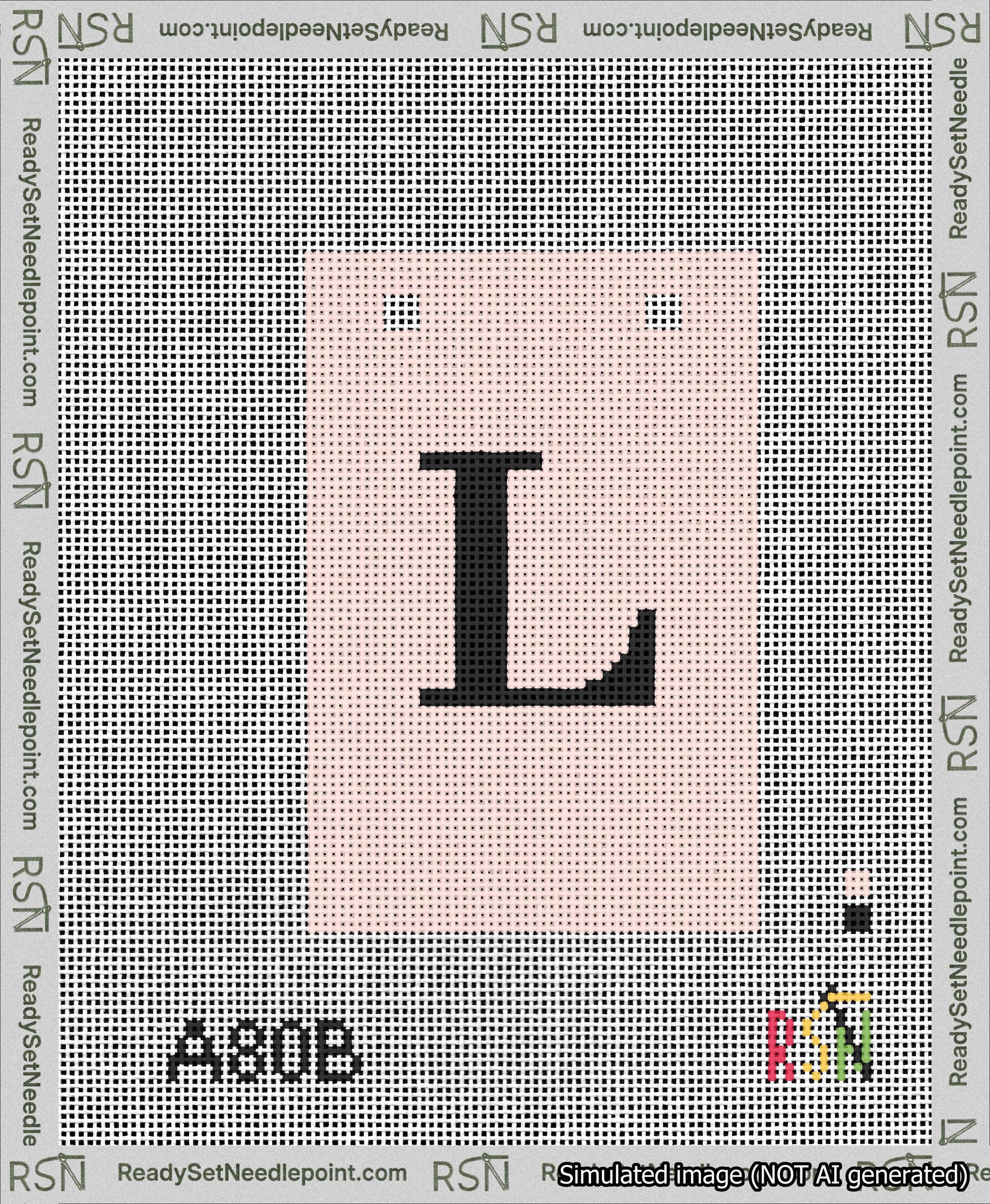 A taped needlepoint canvas with the design: Banner 13 mesh count Squared L Black on Pink.