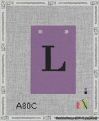 A taped needlepoint canvas with the design: Banner 13 mesh count Squared L Black on Purple.